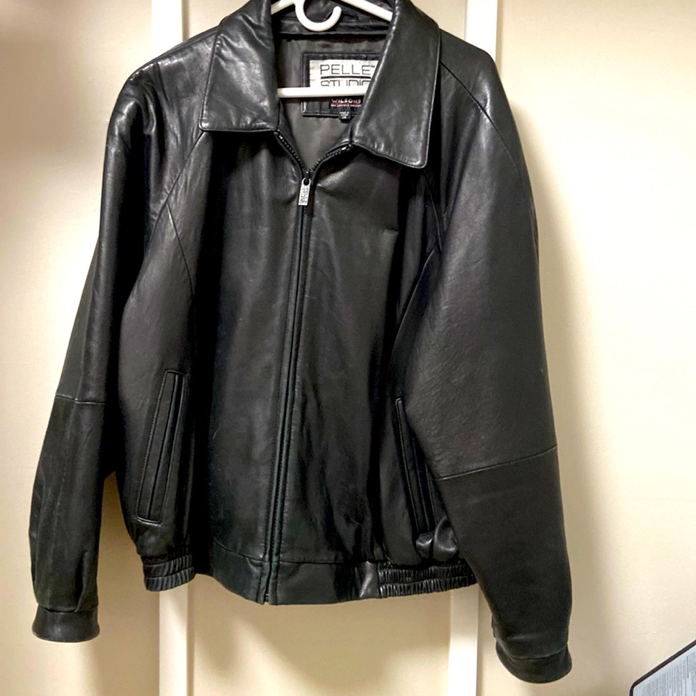 Black leather bomber jacket